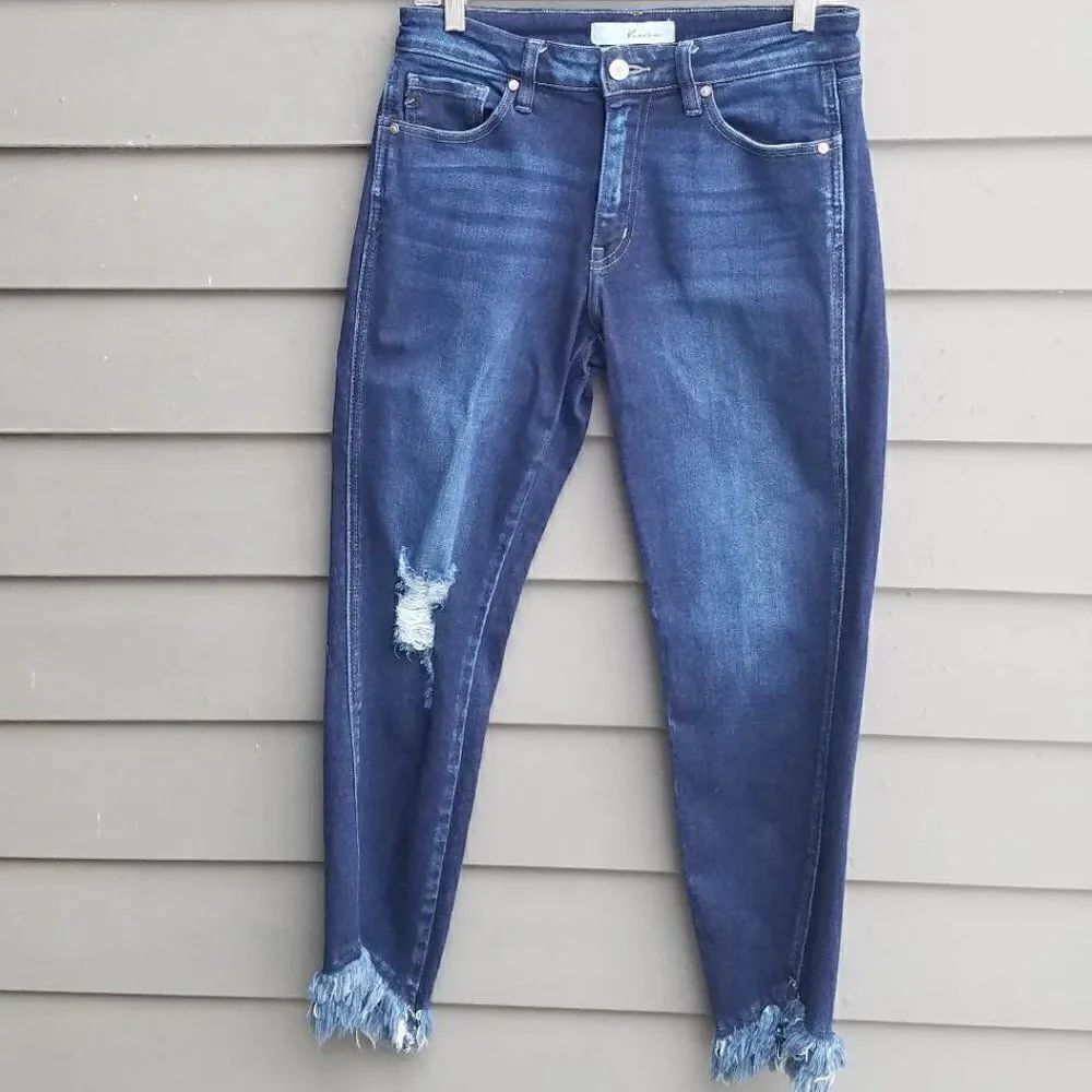 Kancan Distressed Cropped Jeans with Fringed Bottoms size 9/28